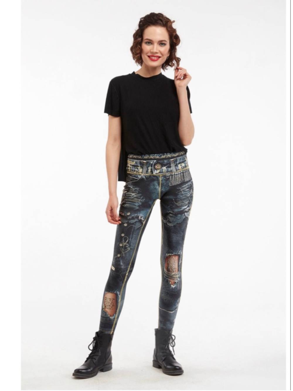 New IPNG Design Printed Denim Look Leggings Distressed Graphic Stretch XL/XXL
